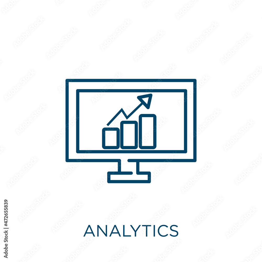 Poster analytics icon. thin linear analytics outline icon isolated on white background. line vector analyti