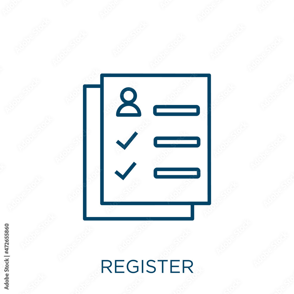 Aufkleber register icon. thin linear register outline icon isolated on white background. line vector register 