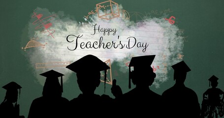Happy teacher's day text with silhouette students wearing mortarboards against green background