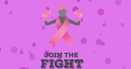 Vector image of join the fight text and female boxer against purple background with copy space