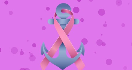 Digitally generated image of pink ribbon on anchor against purple background with copy space