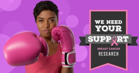 Composite image of determined female boxer with we need your support text against purple background - Powered by Adobe