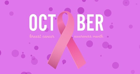 Vector image of breast cancer ribbon and october text against purple background with copy space