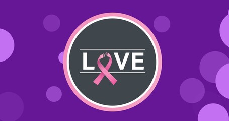 Vector image of love text with breast cancer ribbon against purple background, copy space