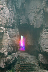 Colorful illumination in cave,nature travel background.