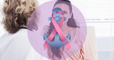 Composition of breast cancer ribbon and anchor with doctor and patient in background at clinic