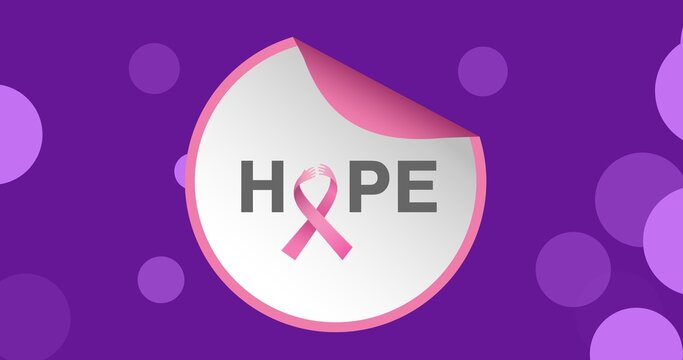 Vector image of hope text with breast cancer ribbon against purple background, copy space