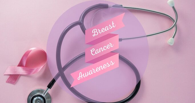 Composite image of breast cancer awareness text with stethoscope on pink table with copy space