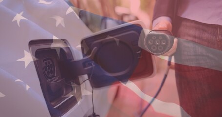 Naklejka premium Multiple exposure of man holding charging plug by electric car at station with american flag