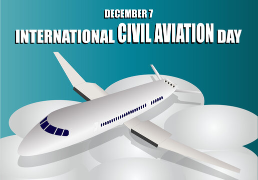 D&iacute;a internacional de la aviaci&oacute;n civil, 7 de diciembre. Avi&oacute;n volando sobre las nubes y el cielo azul con titular del d&iacute;a de la aviaci&oacute;n civil