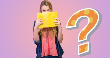 Portrait of woman hiding face with book by question mark over purple background - Powered by Adobe
