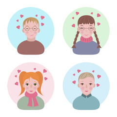 Faces of children in love. Avatars of happy boys and girls in love. Portraits of smiling children on Valentine s Day. Funny faces with hearts above their heads. Vector illustration in cartoon style