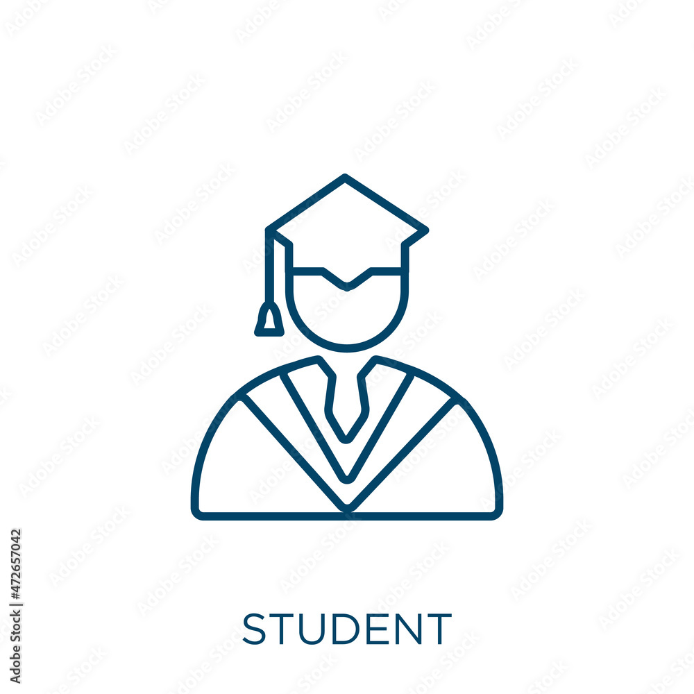 Poster student icon. thin linear student outline icon isolated on white background. line vector student sig