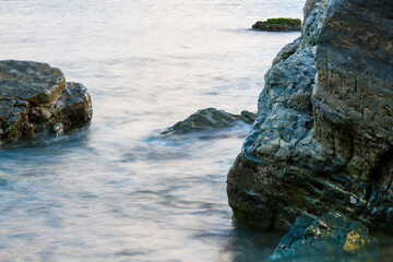 바다, 파도, 갯바위, 해변, 물안개, 