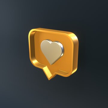 Silver heart symbol in a rectangular gold pin. Social media notification. 3d render.