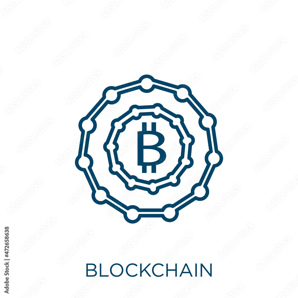 Aufkleber blockchain icon. thin linear blockchain outline icon isolated on white background. line vector block