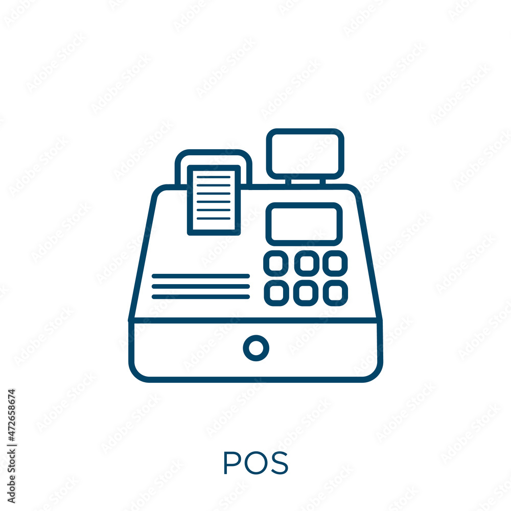 Poster pos icon. thin linear pos outline icon isolated on white background. line vector pos sign, symbol fo