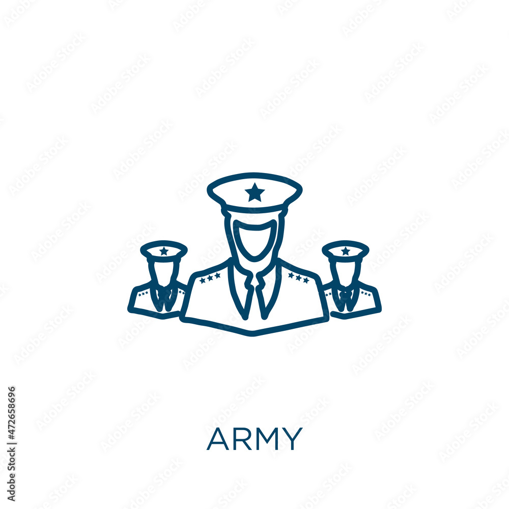 Poster army icon. thin linear army outline icon isolated on white background. line vector army sign, symbol
