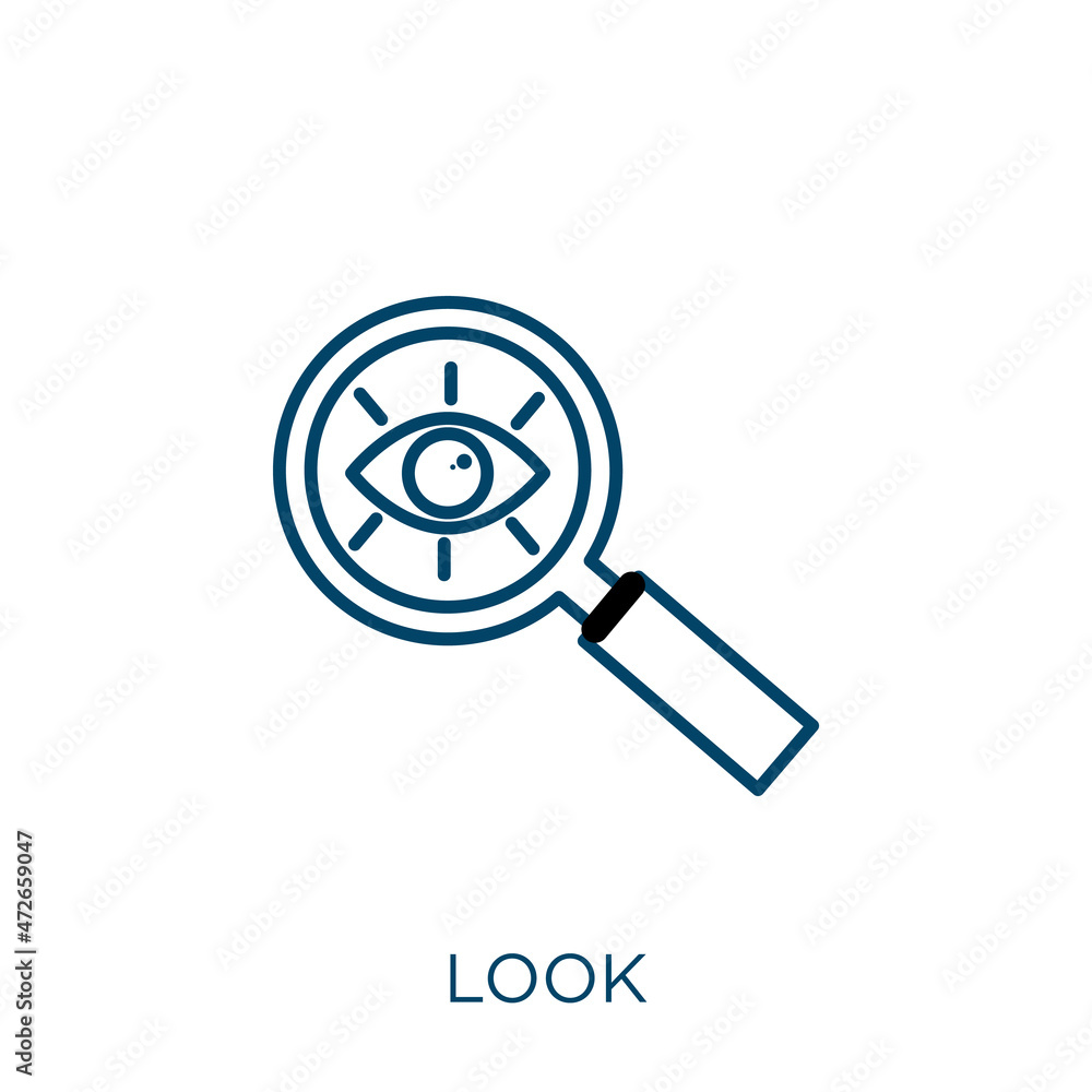 Poster look icon. thin linear look outline icon isolated on white background. line vector look sign, symbol
