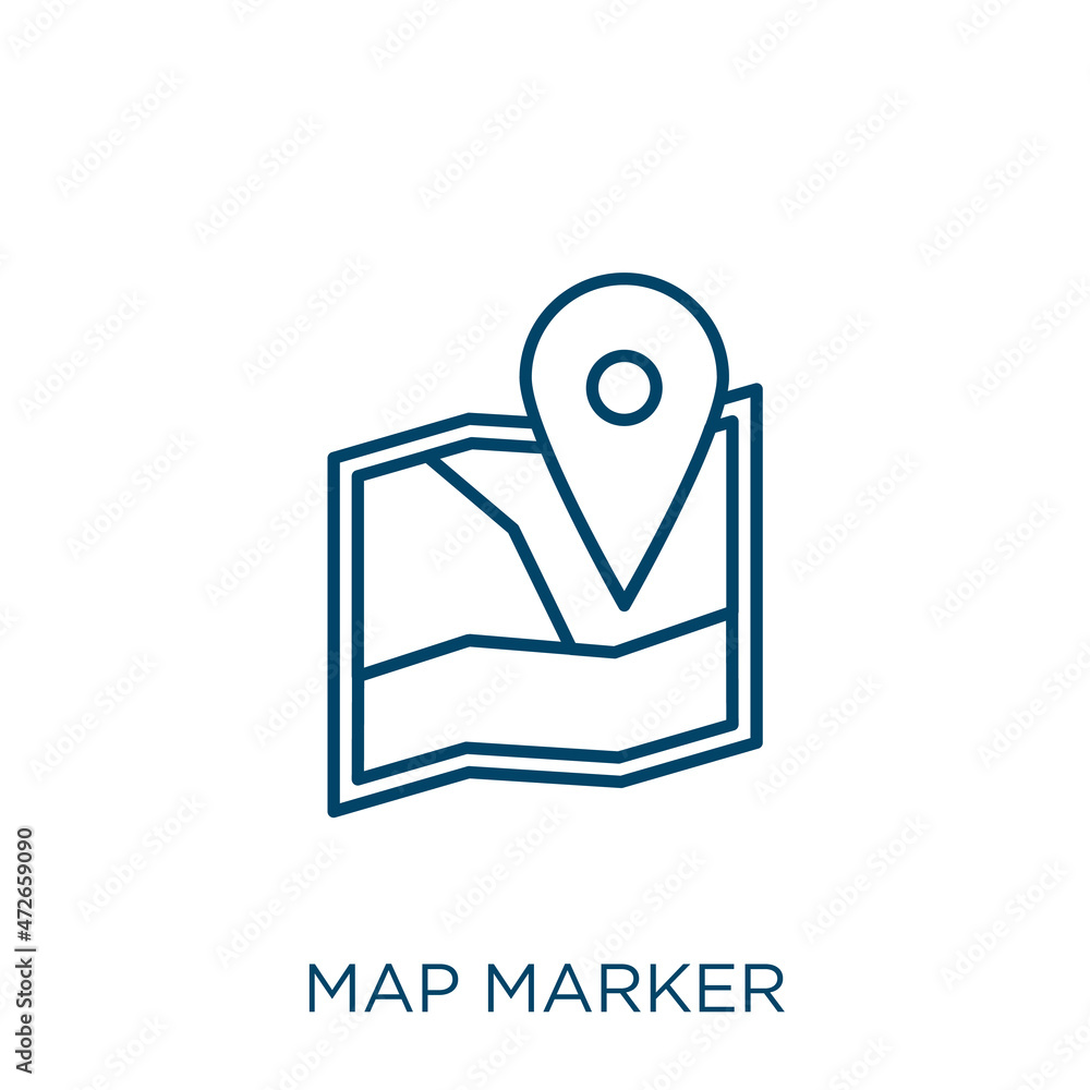 Poster map marker icon. thin linear map marker outline icon isolated on white background. line vector map m