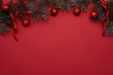 christmas background with red balls and pine