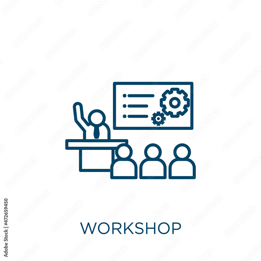 Poster workshop icon. thin linear workshop outline icon isolated on white background. line vector workshop 