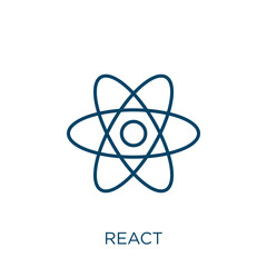 react icon. Thin linear react outline icon isolated on white background. Line vector react sign, symbol for web and mobile. - obrazy, fototapety, plakaty