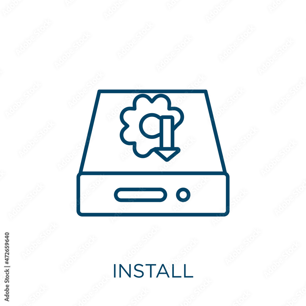 Poster install icon. thin linear install outline icon isolated on white background. line vector install sig
