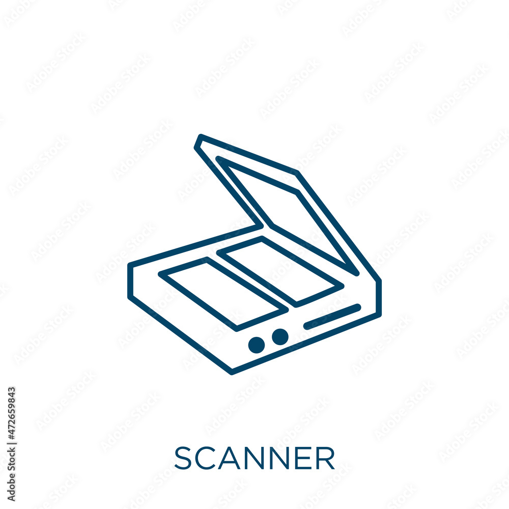 Poster scanner icon. thin linear scanner outline icon isolated on white background. line vector scanner sig