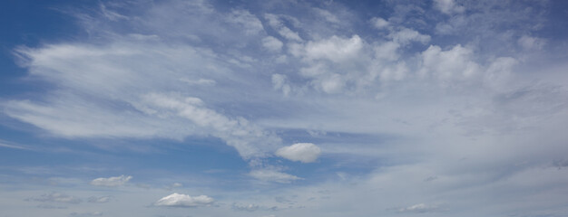 Panoramic photo of blurred sky. Blue sky background with cumulus clouds