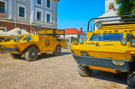 Unusual tourist vehicles in old town, on July 14 in Kamianets-Podilskyi, Ukraine
