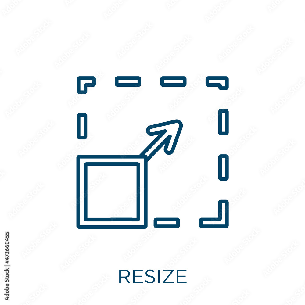 Poster resize icon. Thin linear resize outline icon isolated on white background. Line vector resize sign, symbol for web and mobile.