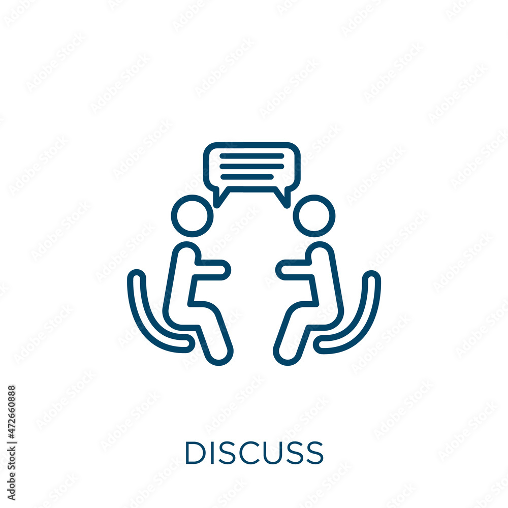 Poster discuss icon. thin linear discuss outline icon isolated on white background. line vector discuss sig