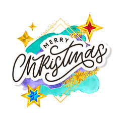 Merry Christmas text decorated with hand drawn lettering with gold stars. Greeting card design element. Vector typography.