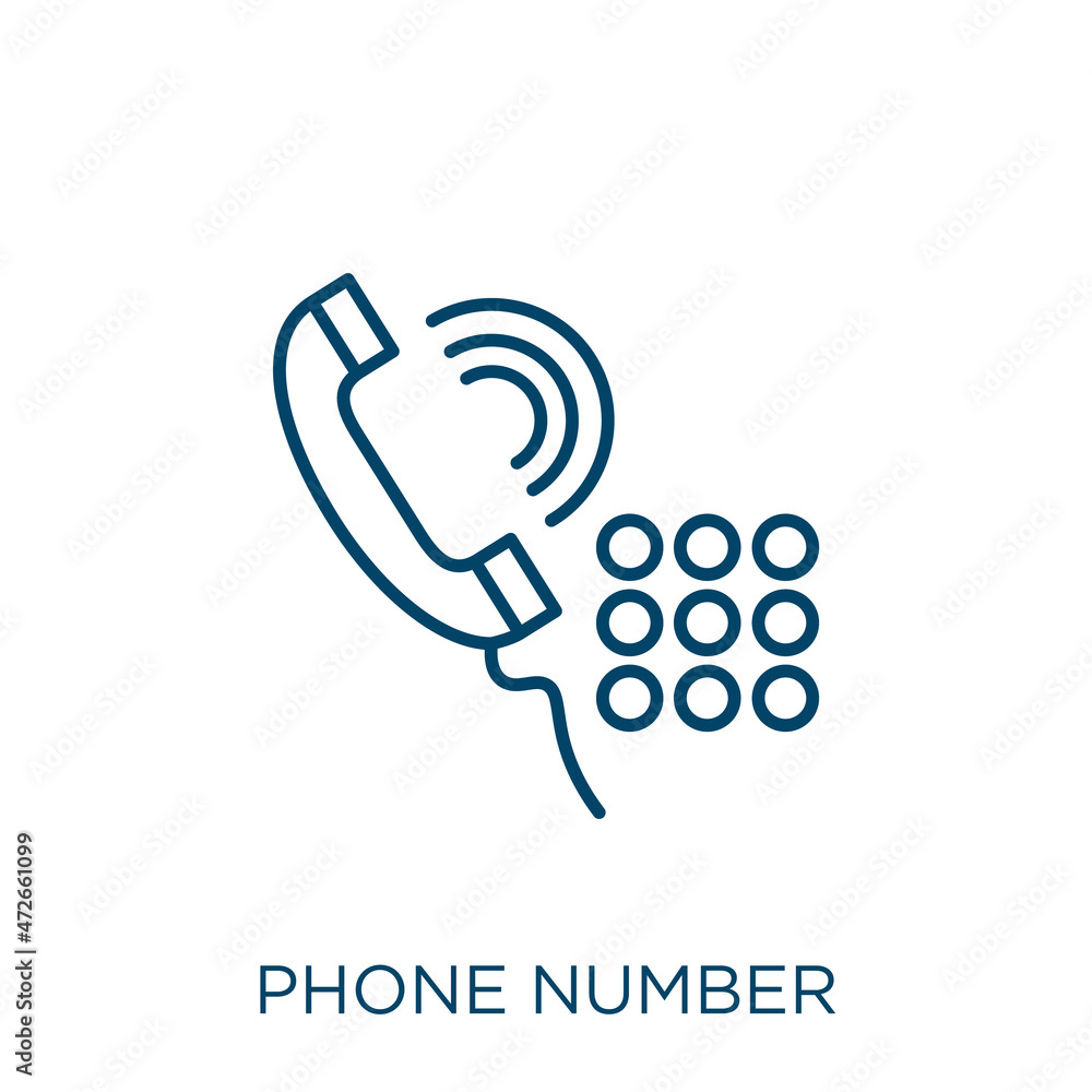 Poster phone number icon. thin linear phone number outline icon isolated on white background. line vector p