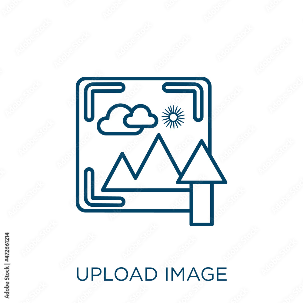 Poster upload image icon. thin linear upload image outline icon isolated on white background. line vector u