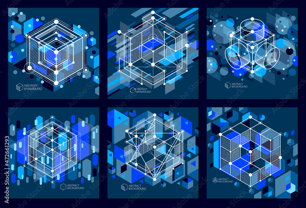 Poster modern isometric vector abstract dark blue backgrounds set with geometric element. layout of cubes, 