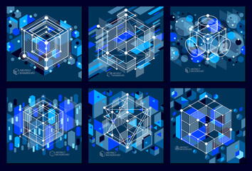 Modern isometric vector abstract dark blue backgrounds set with geometric element. Layout of cubes, hexagons, squares, rectangles and different abstract elements.
