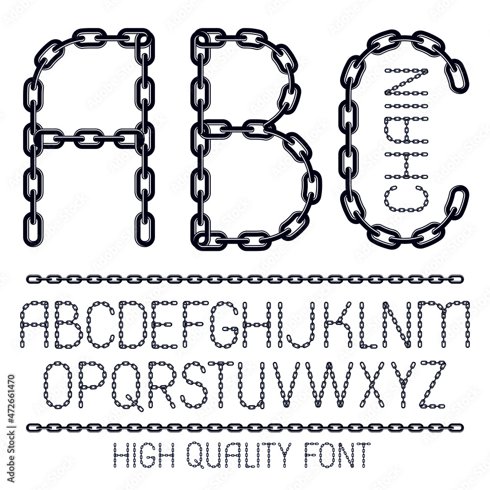 Poster set of vector english alphabet letters, abc isolated. upper case decorative font created using metal