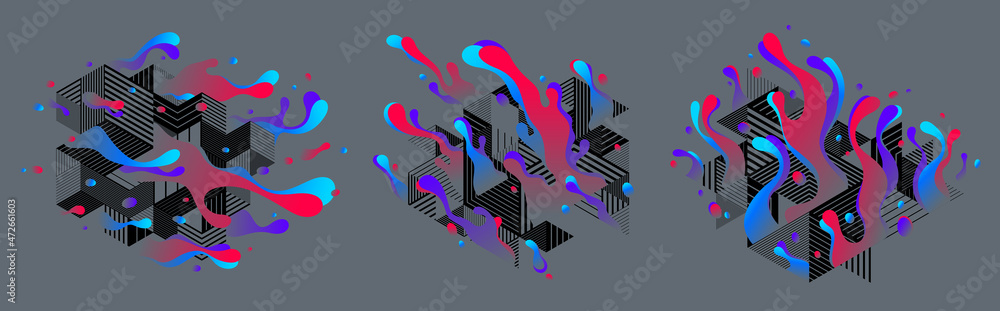 Wall mural fluids colorful liquid shapes with geometric lines in motion vector abstract graphic design elements