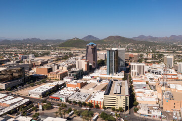 Tucson Arizona skyline with Sentinel Peak, or A Mountain, drone view.