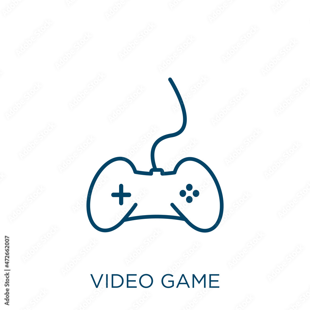 Poster video game icon. thin linear video game outline icon isolated on white background. line vector video