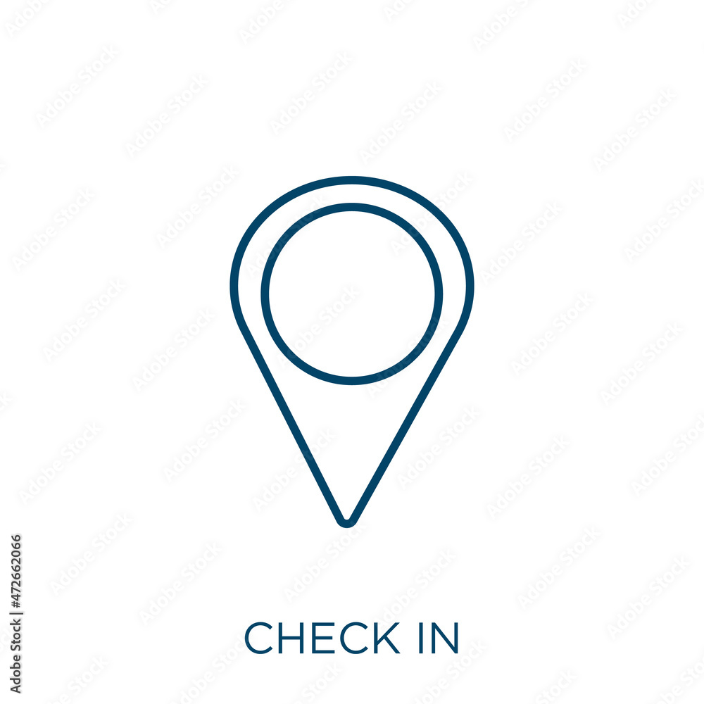 Poster check in icon. thin linear check in outline icon isolated on white background. line vector check in 