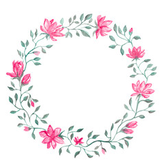 Pink watercolor painting circle of magnolia flowers, hand drawn blossom wreath isolated on white background