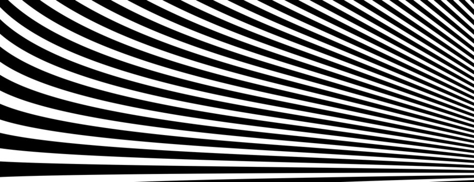 Op art distorted perspective black and white lines in 3D motion abstract vector background, optical illusion insane linear pattern, artistic psychedelic illustration.