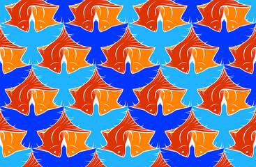 Birds and fishes vector seamless background in Escher artist graphic style, animals endless pattern.