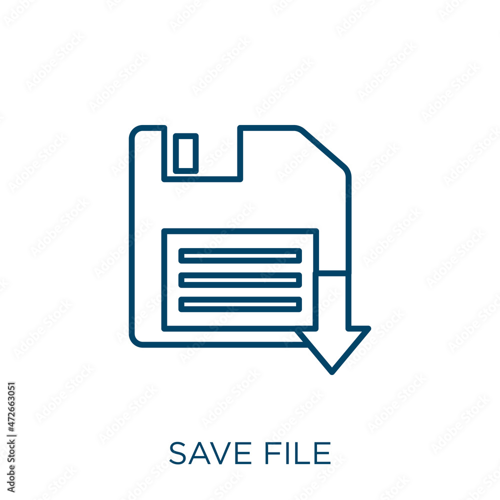 Poster save file icon. thin linear save file outline icon isolated on white background. line vector save fi