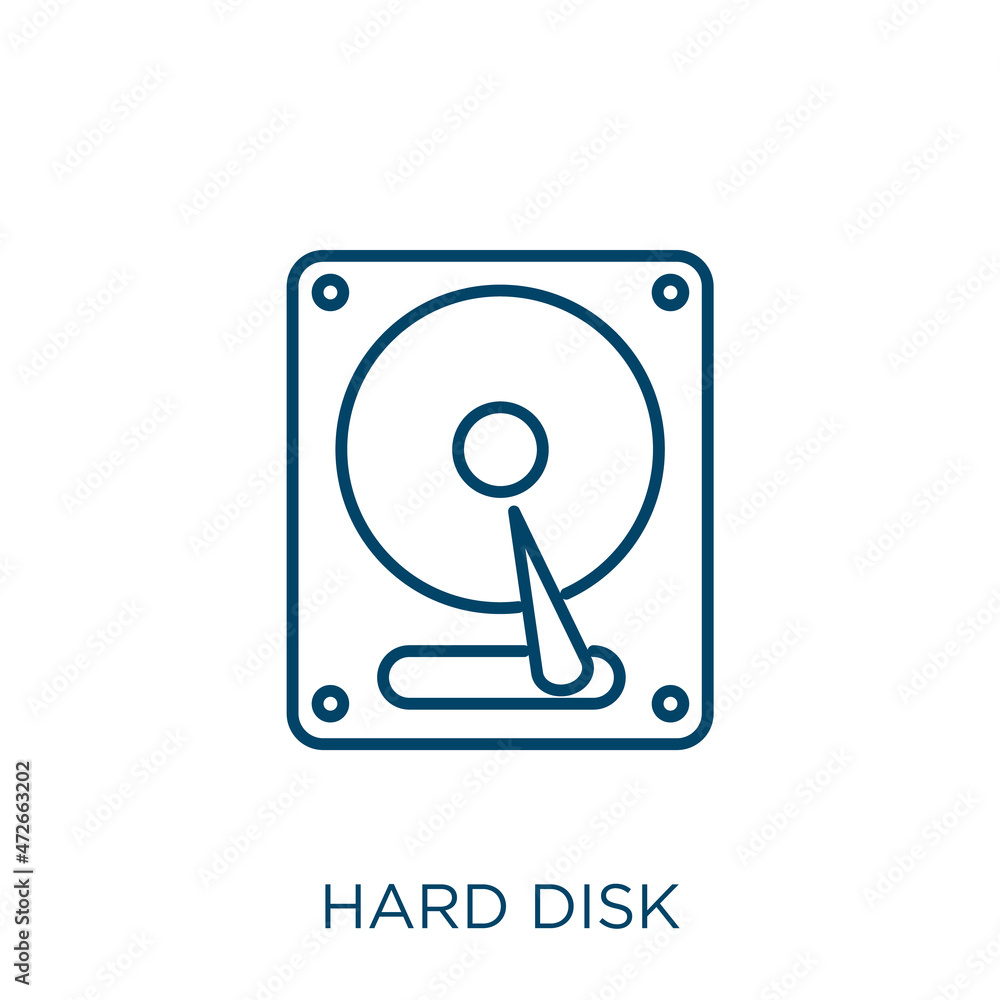 Poster hard disk icon. thin linear hard disk outline icon isolated on white background. line vector hard di