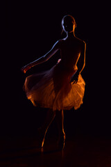Silhouette of little ballet dancer, double exposure.Young ballerina posing in studio in mixed light.