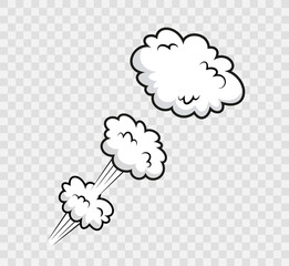 Comic smoke cloud with wind. Funny balloons. Speech bubble in pop art style. Cartoon message shape with speed effect. Explosion bomb frame. Sky air object. Vector illustration. - obrazy, fototapety, plakaty
